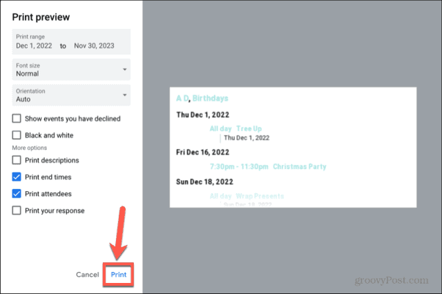 bouton d'impression du calendrier de l'agenda google