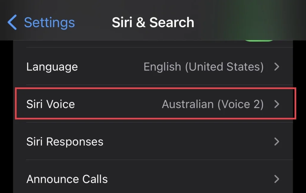 Après cela, appuyez sur "Voix Siri"