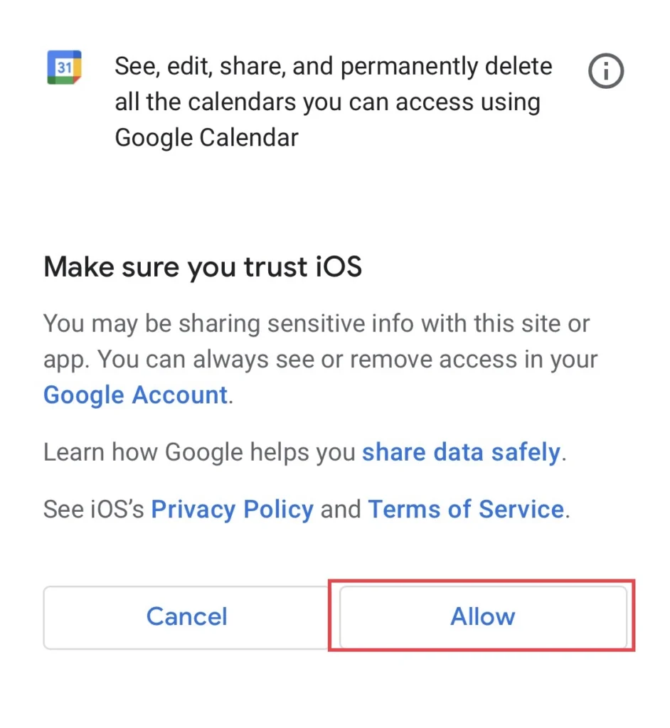 Pour autoriser l'appareil iOS à accéder à votre compte, sélectionnez "Permettre"