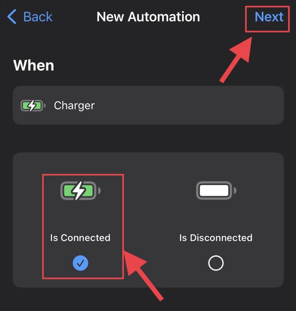 Sélectionnez ensuite "Est connecté" option puis appuyez sur "Prochain" bouton.