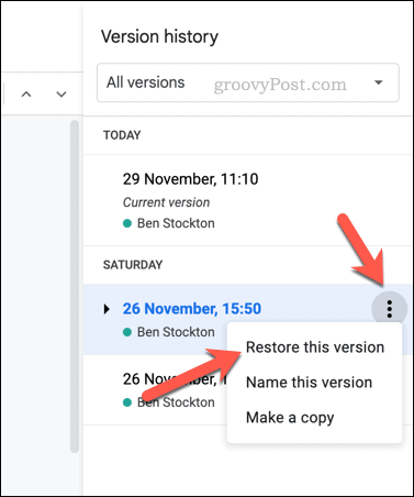Restaurer une version d'un fichier Google Docs