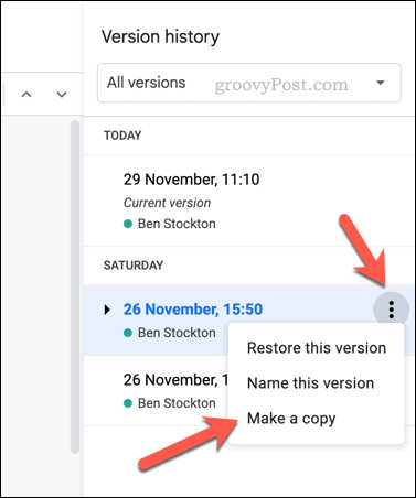 Copier une version d'un fichier Google Docs