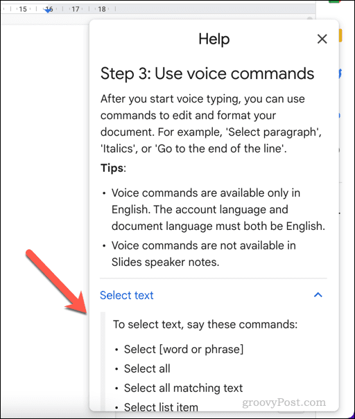 Menu d'aide pour la saisie vocale dans Google Docs