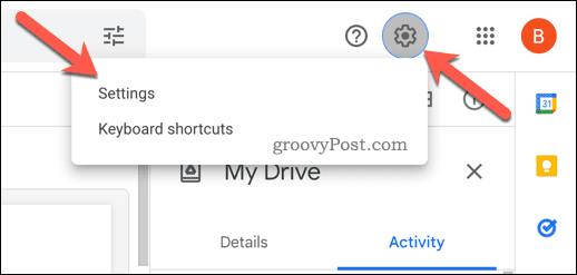 Ouvrir les paramètres dans Google Drive
