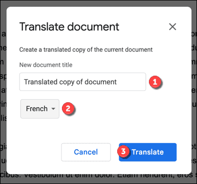 Options de traduction dans Google Docs
