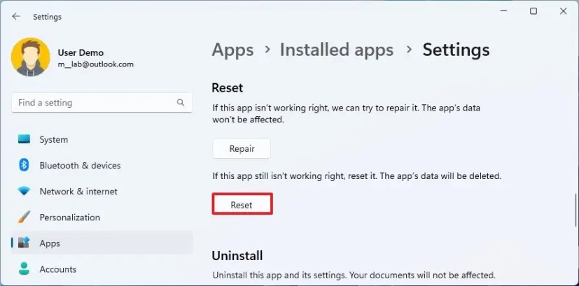 Réinitialiser l'application Paramètres