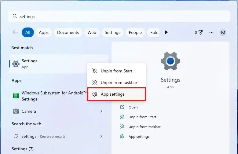 Paramètres de l'application Paramètres de Windows 11