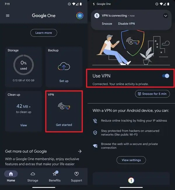 Google One active le VPN Android