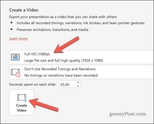 Exportation PowerPoint en tant qu'options vidéo