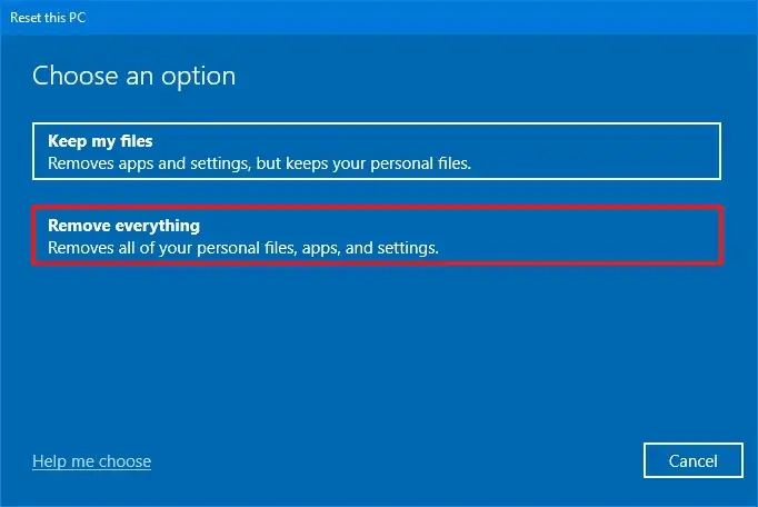 Réinitialisation de Windows 10 en supprimant tout