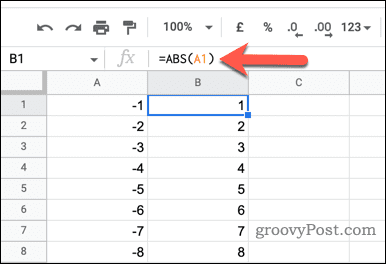 Utilisation de la fonction ABS dans Google Sheets