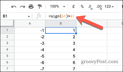 Utiliser SIGN et la multiplication pour changer les nombres négatifs en positifs dans Google Sheets