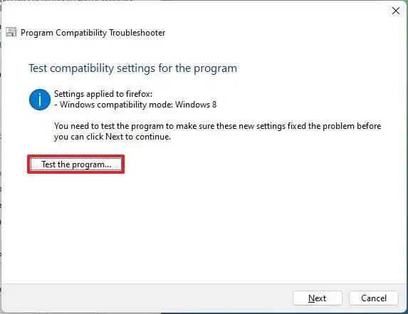 Paramètres de compatibilité des applications de test Windows 11