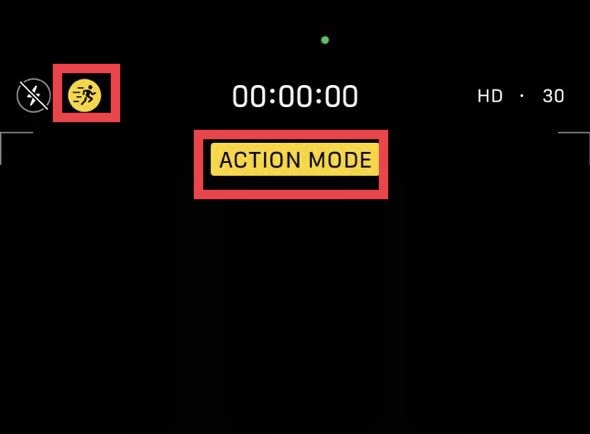 Allumez ensuite le "Mode actions" icône du haut de la caméra.