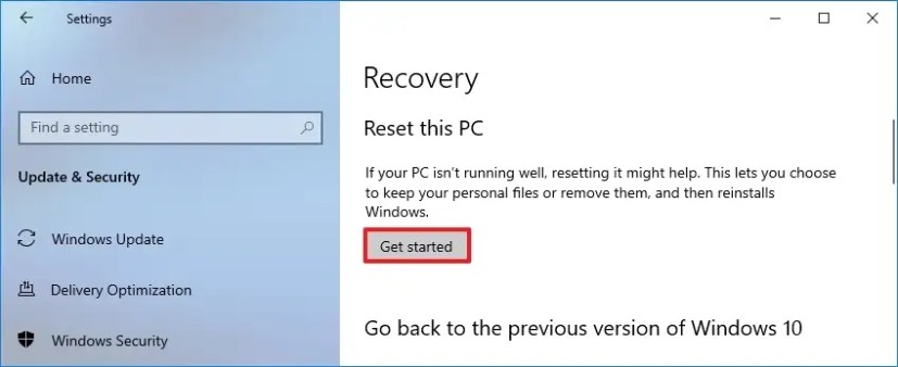 Option de réinitialisation de Windows 10