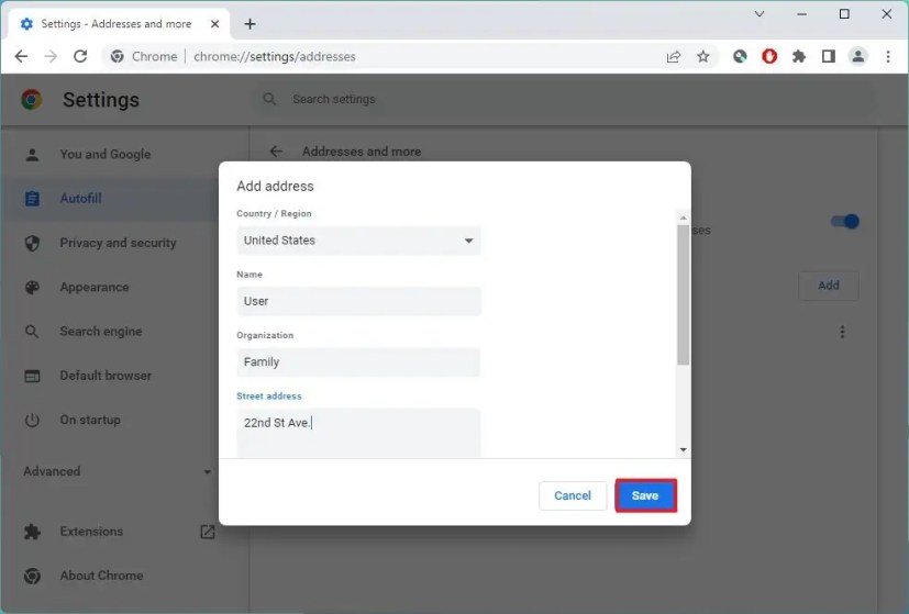 Ajouter une adresse de remplissage automatique sur Chrome