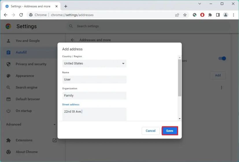 Ajouter une adresse de remplissage automatique sur Chrome