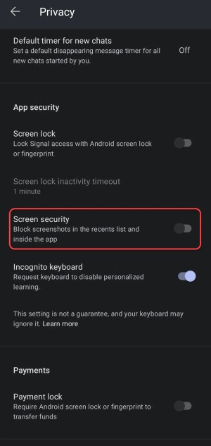 Comment empêcher les captures d'écran sur Signal Private Messenger Android