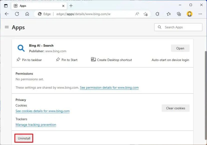 Désinstaller l'application Bing ChatGPT