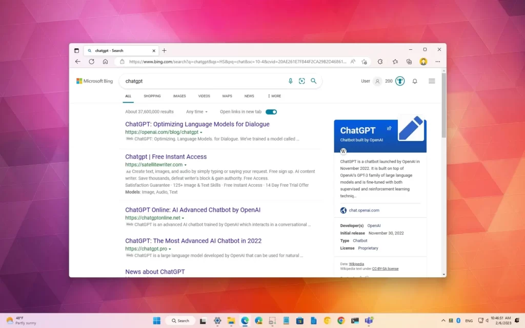Microsoft Bing avec le support ChatGPT fuit en ligne