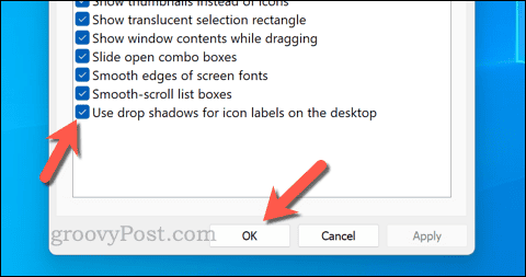 Activation des ombres portées du texte pour les icônes du bureau sous Windows 11