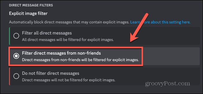 Discord filtre les messages directs du bureau de non-amis