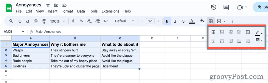 Options de bordures dans Google Sheets