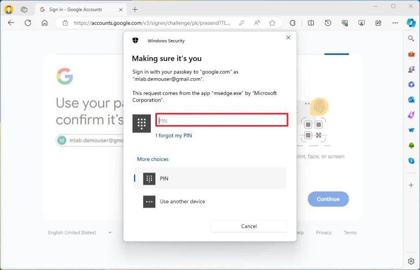 Confirmer le mot de passe avec Windows Hello