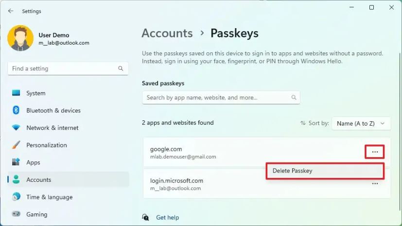 Paramètres des clés d'accès Windows 11