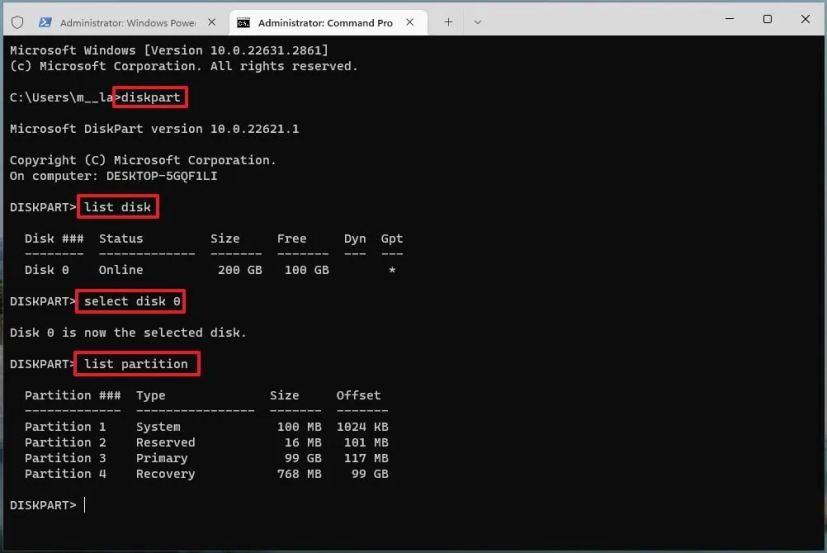 Partition de liste DiskPart