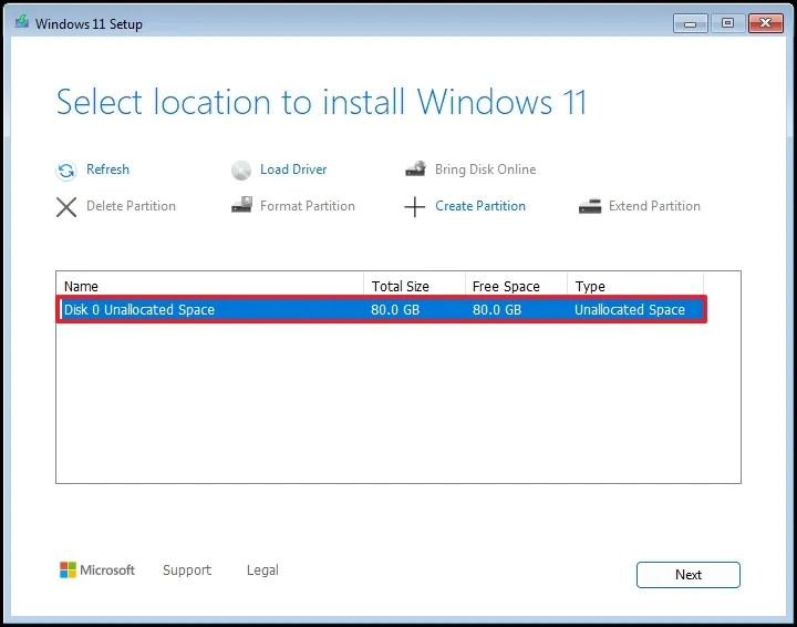 Installation propre de Windows 11 24H2 sur un espace non alloué
