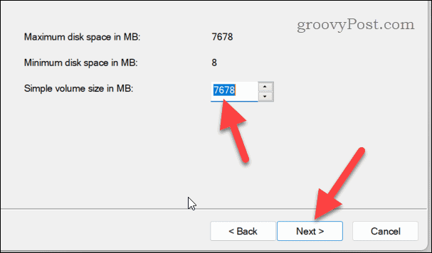 Définir la taille d'un nouveau volume de disque sous Windows