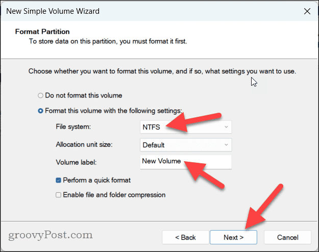 Définition du système de fichiers et de l'étiquette d'une nouvelle partition de lecteur sous Windows