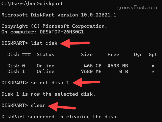 Nettoyer un disque de volumes à l'aide de diskpart