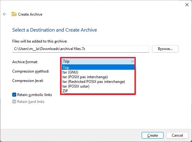 Créer une interface utilisateur TAR, Zip, 7zip