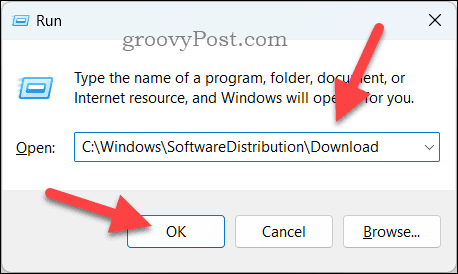 Ouverture du dossier des fichiers Windows Update à l'aide de Exécuter