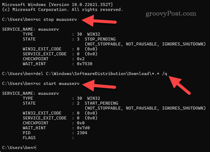 Suppression des fichiers de cache Windows Update à l'aide de l'application Terminal