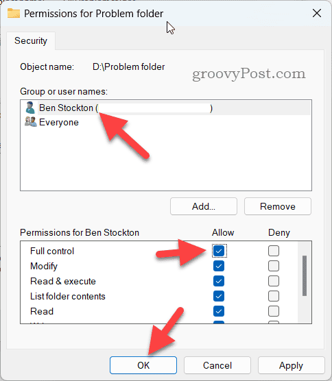 Définition des autorisations pour un dossier sous Windows