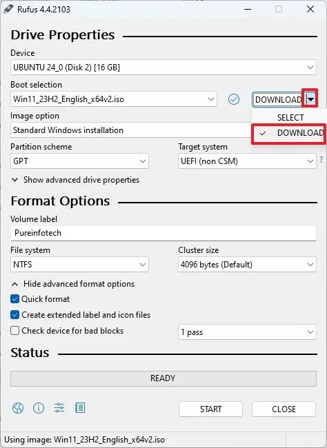 Option de téléchargement ISO de Rufus Windows 11