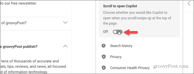 Faites défiler pour ouvrir Copilot