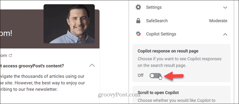bouton de menu sur la page de recherche Bing