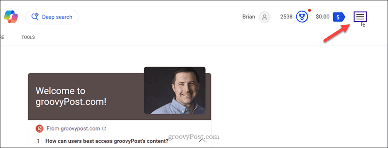 bouton de menu sur la page de recherche Bing