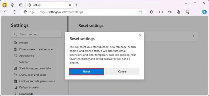 Option de réinitialisation des paramètres de Microsoft Edge