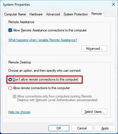 Panneau de configuration désactiver le bureau à distance