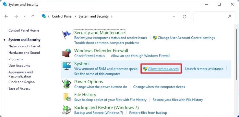 Le panneau de configuration permet l'option d'accès à distance