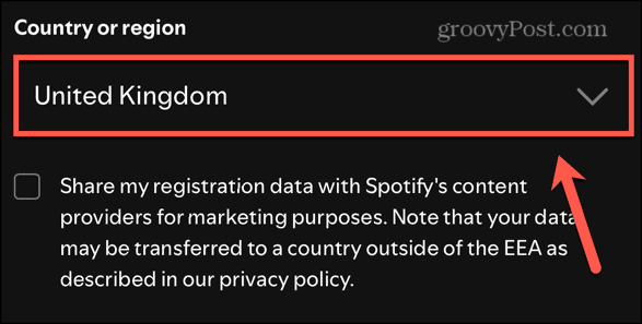 Liste déroulante des régions Spotify Liste déroulante des régions Spotify