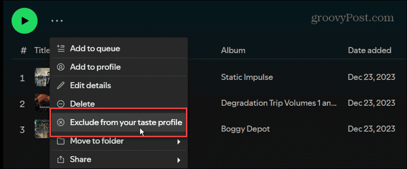 exclure de votre profil de goût Spotify Desktop