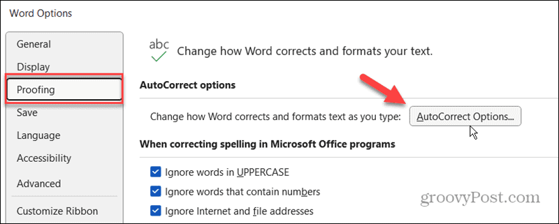 option de correction automatique de vérification Microsoft Word