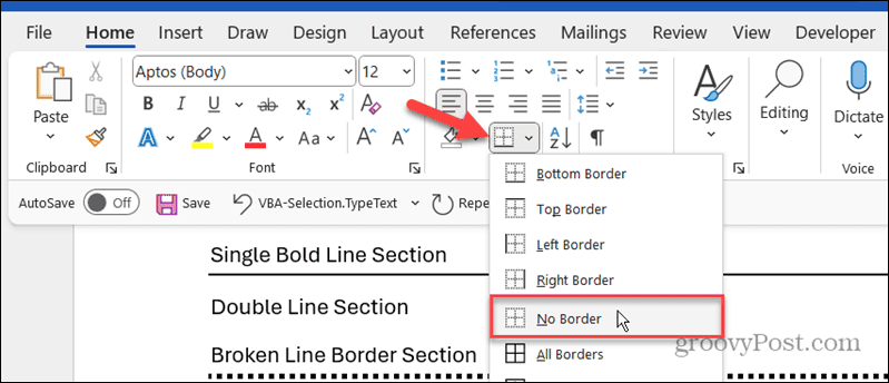 option sans bordure Microsoft Word