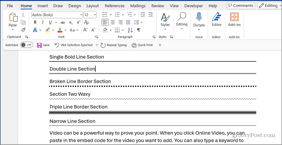 exemples de lignes de bordure horizontales Microsoft Word